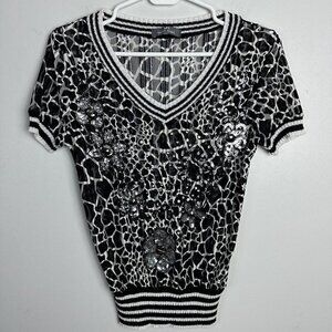 90s Y2K Black White VNeck Elastic Top Semi-sheer Sequin Animal Print Whimsy Goth